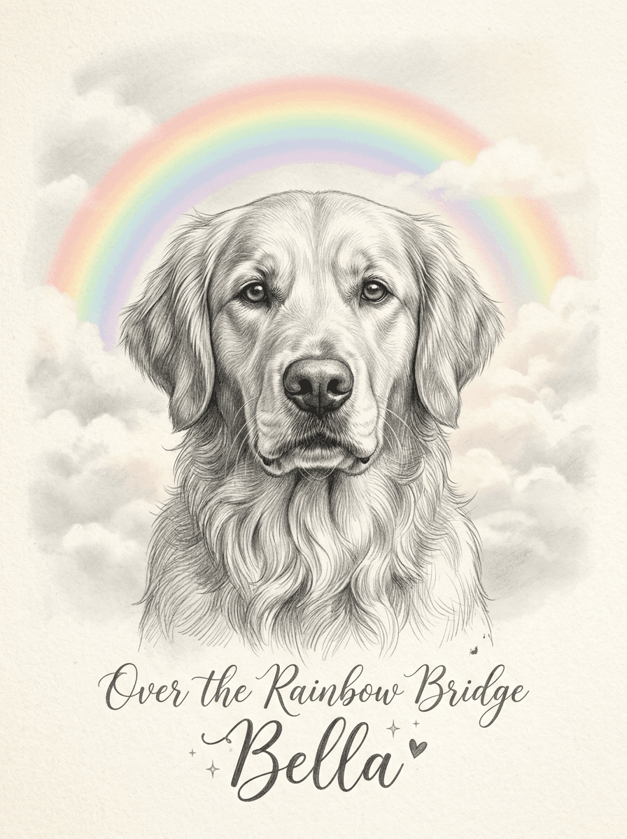 Sample pencil portrait of a golden retriever named Bella, soft graphite style with a rainbow-bridge sky