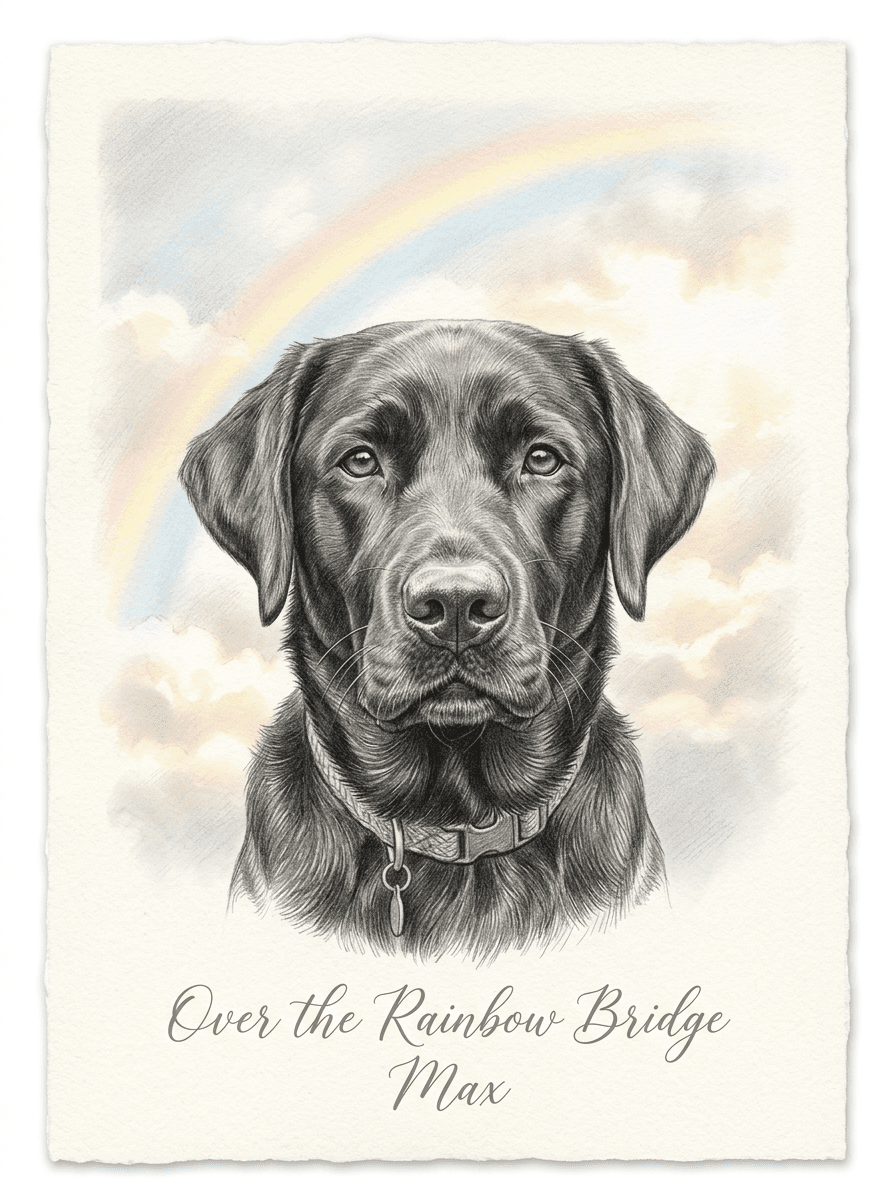 Sample pencil portrait of a black Labrador named Max with a soft rainbow-bridge sky