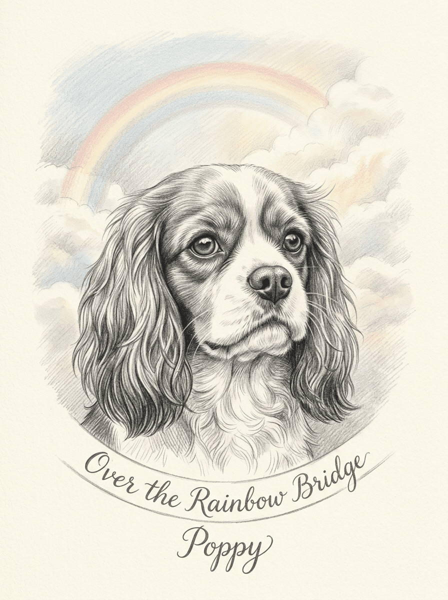 Sample pencil portrait of a Cavalier King Charles spaniel named Poppy in graphite pencil style
